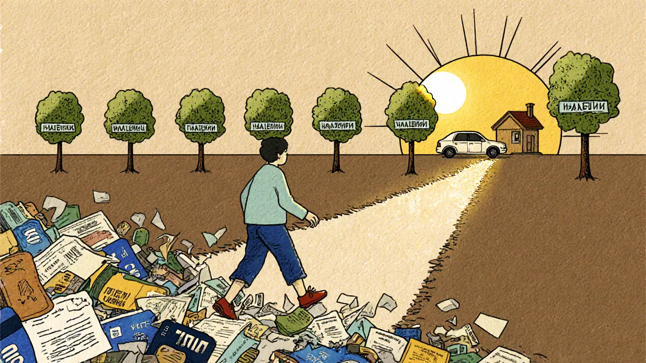 Человек уходит от долгов к светлому пути с отметками платежей, дом и машина позади