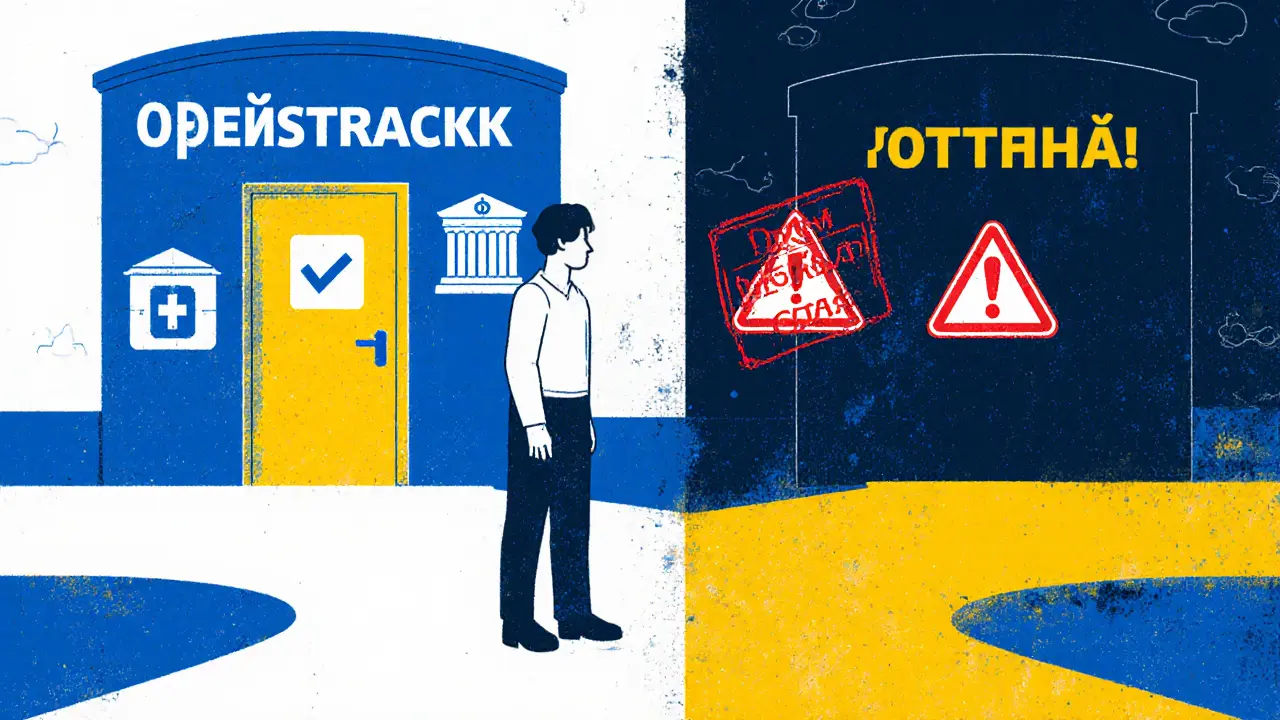 Человек стоит на перекрестке между легальным учетом и штрафом, символически изображенных.