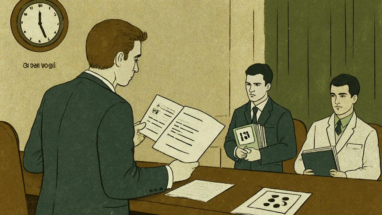 Судебное заседание в арбитражном суде: адвокат представляет доказательства, на стене — таймер.