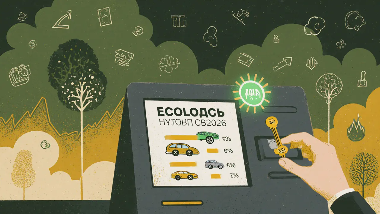 Таксовая киоск 2026 года: электромобили светятся зелёным, старые машины — серыми, в фоне деревья и облака.