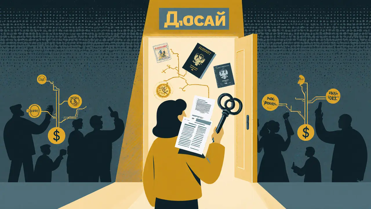 Человек держит ключ из документов перед дверью РВП, за спиной — мошенники с деньгами.
