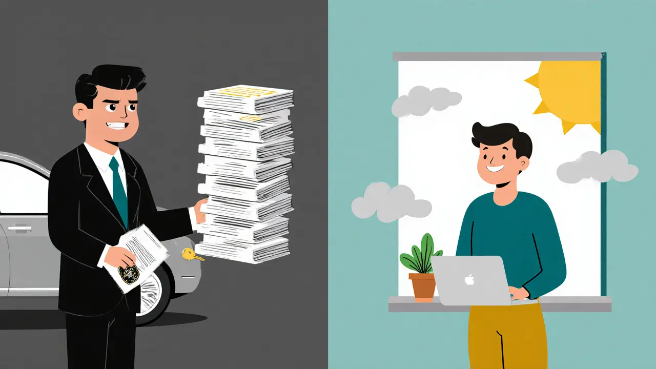 Человек передаёт имущество управляющему, а справа — начинает новую жизнь с растением и ноутбуком.