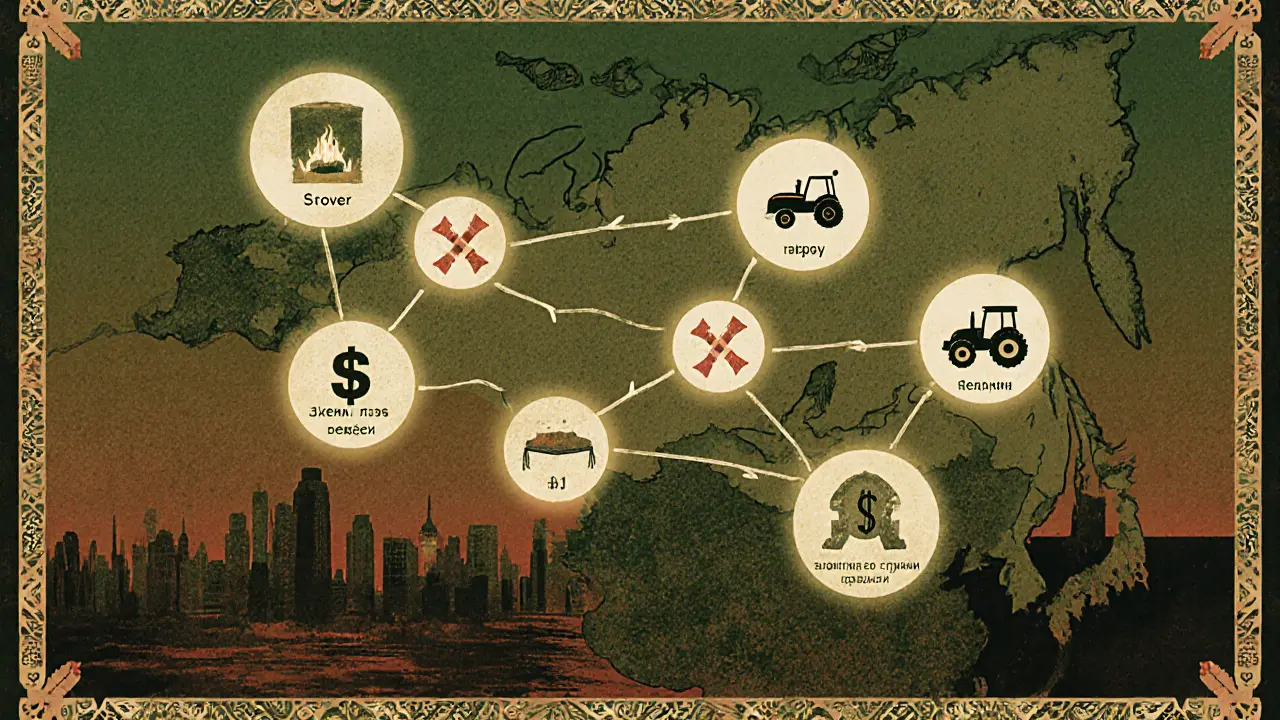 Карта России с путями обмена в удалённых регионах, символы техники и бытовых предметов, без денег.