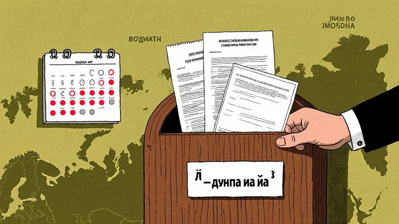 Рука кладет документы в почтовый ящик МВД, на стене — календарь с отмеченными числами.