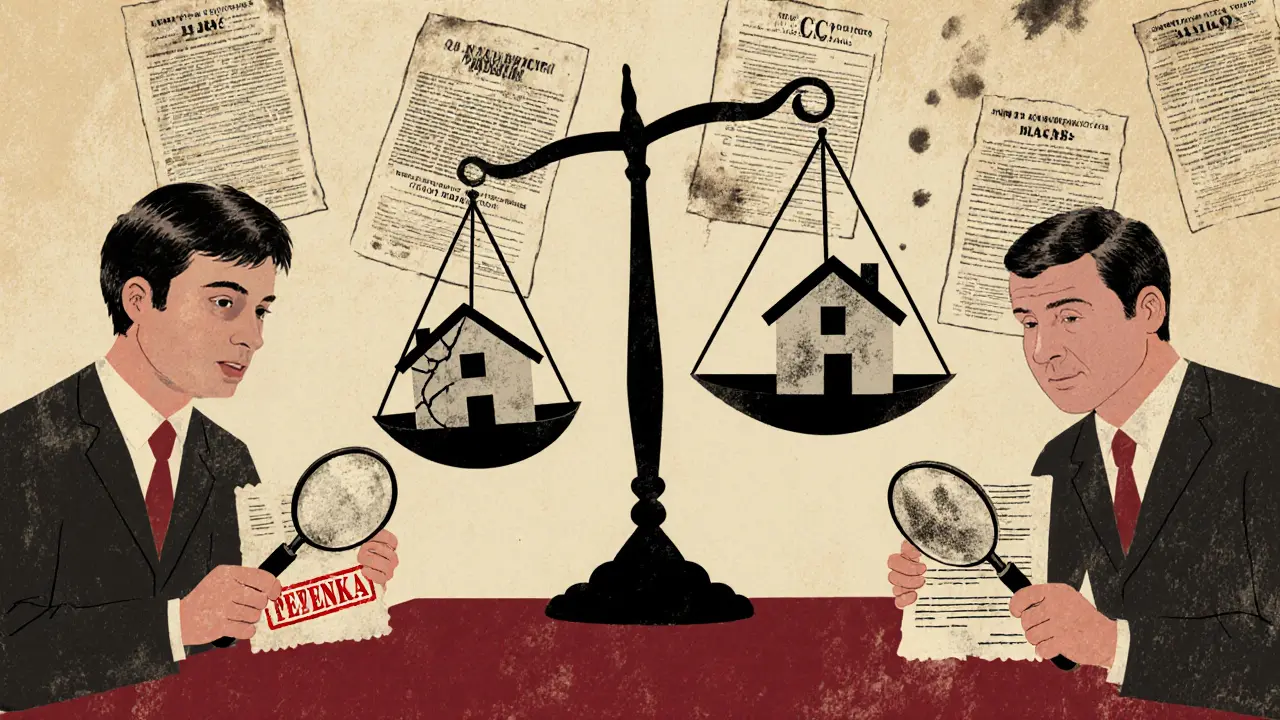 Судья уравновешивает на весах квартиру и дом, вокруг — юридические документы и предупреждения об оценке.