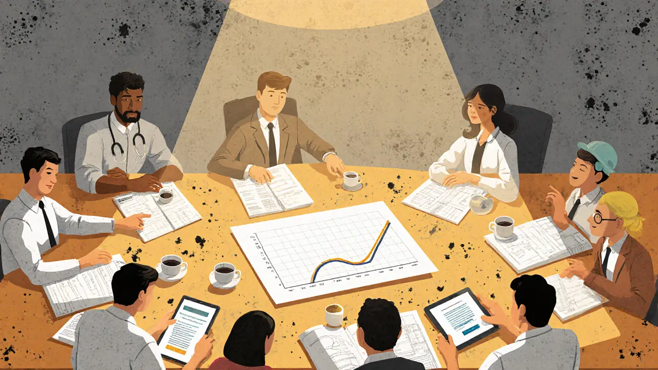 Команда специалистов анализирует справочники НДТ на совещании в производственном офисе