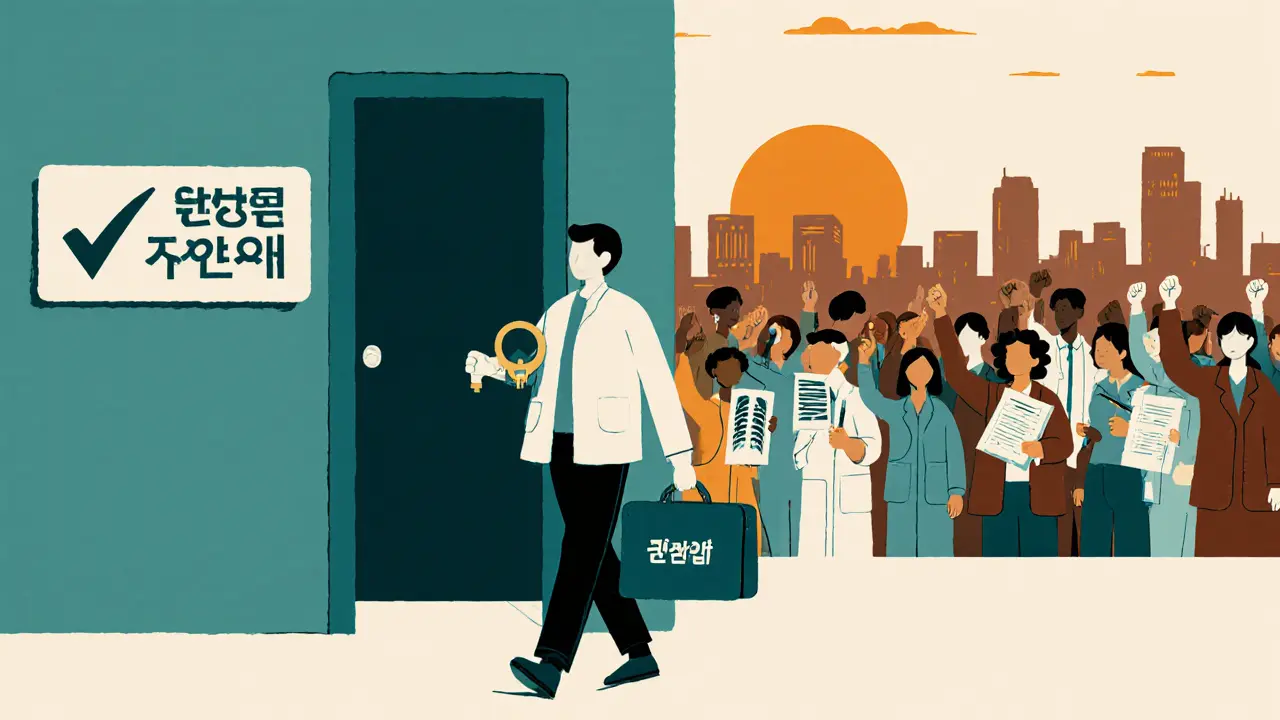 Пациент уходит от клиники с ключом возмещения, за ним — толпа поддерживающих пациентов.