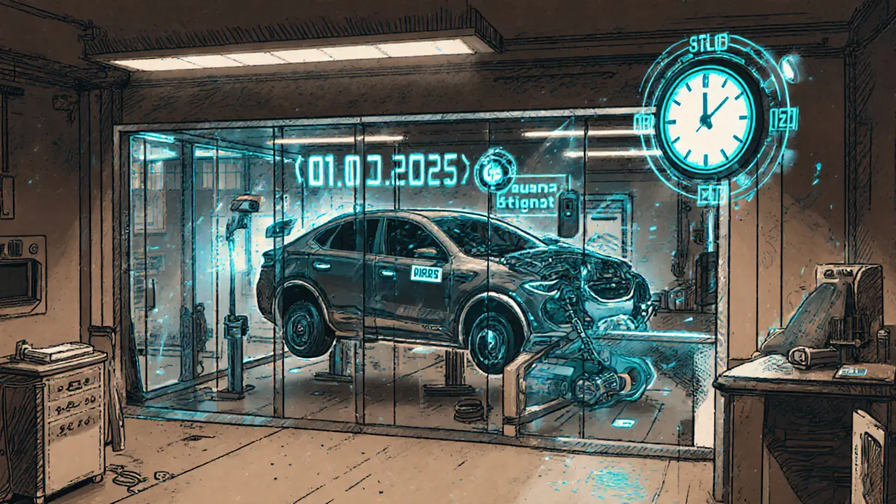 Современный автосервис с камерами, записывающими ремонт, над автомобилем светится надпись о компенсации износа