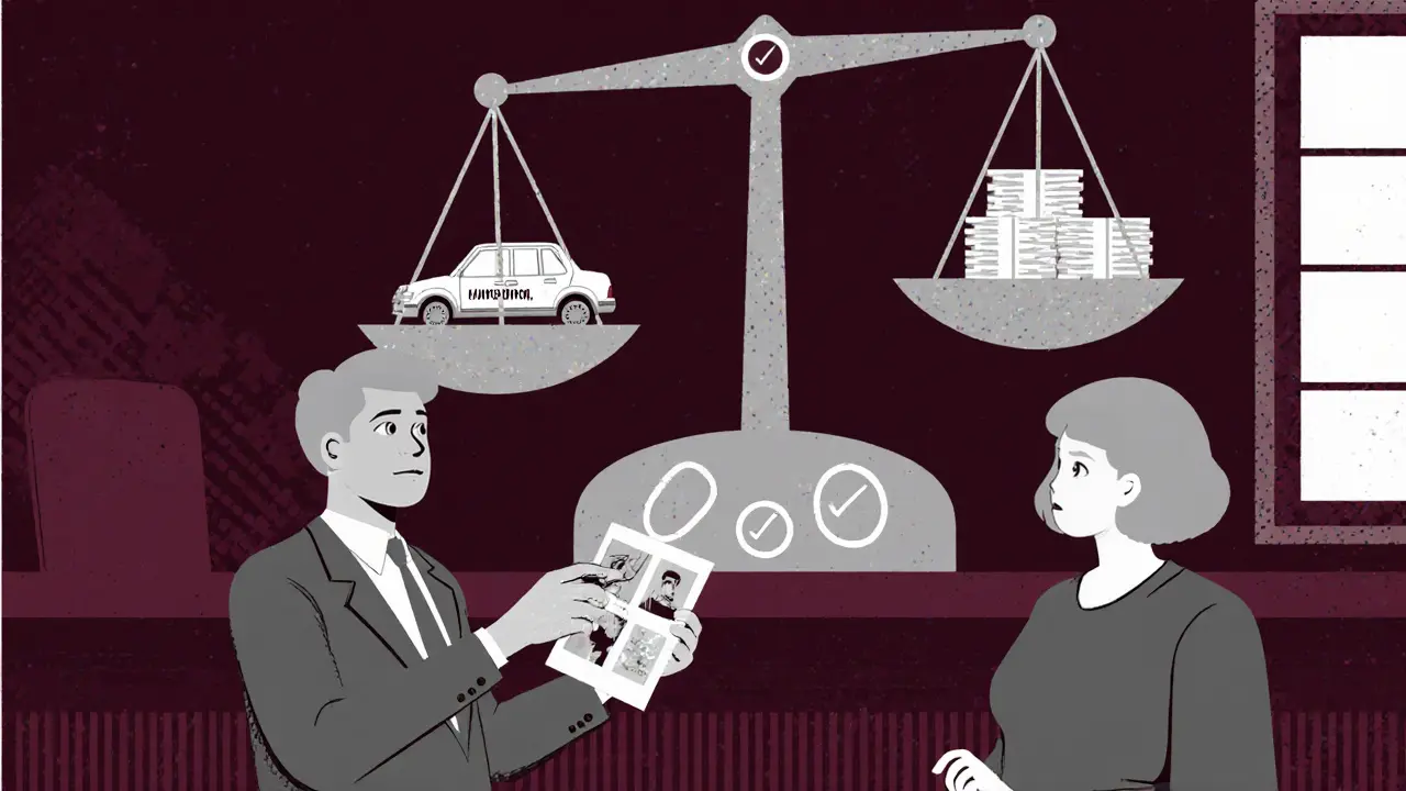 В суде водитель доказывает недостатки ремонта, показывая фото, судья смотрит на весы с машиной и деньгами