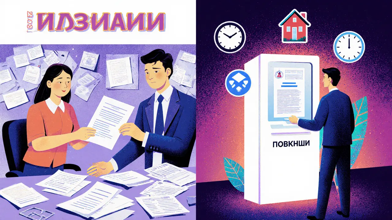 Человек оформляет наследство через нотариуса и онлайн-терминал, символизируя упрощение процедуры.