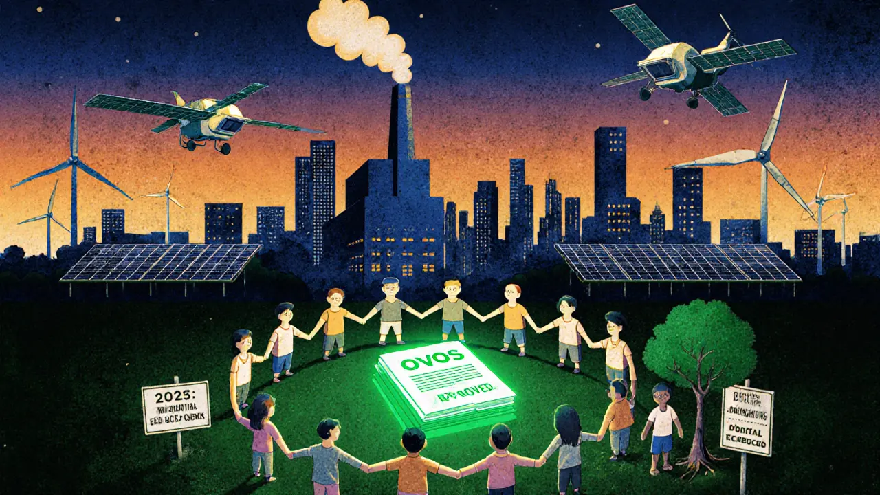 Город с чистым заводом, жители вокруг одобренного экодокумента, спутники и ребёнок сажает дерево.