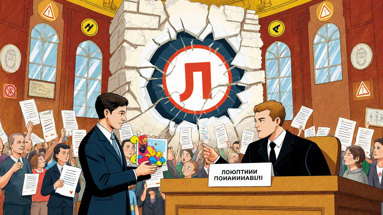 Покупатель в суде против рушащегося маркетплейса, за ним — толпа граждан с чеками и сертификатами.