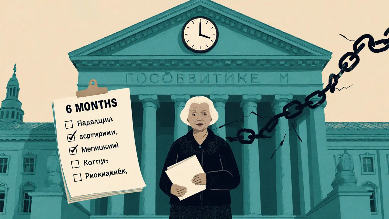 Пожилая женщина смотрит на часы с надписью &#039;6 месяцев&#039;, держа папку с бумагами о наследстве.