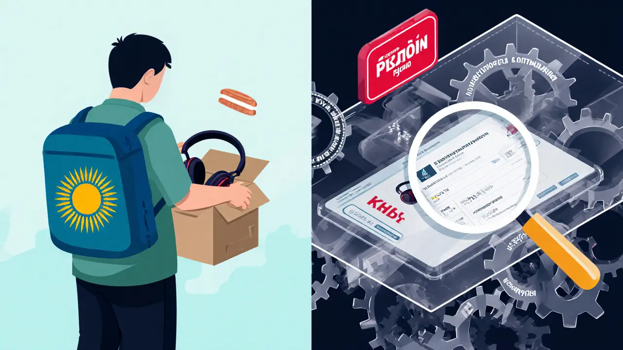 Разделенная сцена: анонимный продавец упаковывает подделку, а маркетплейс не показывает важные данные о товаре.