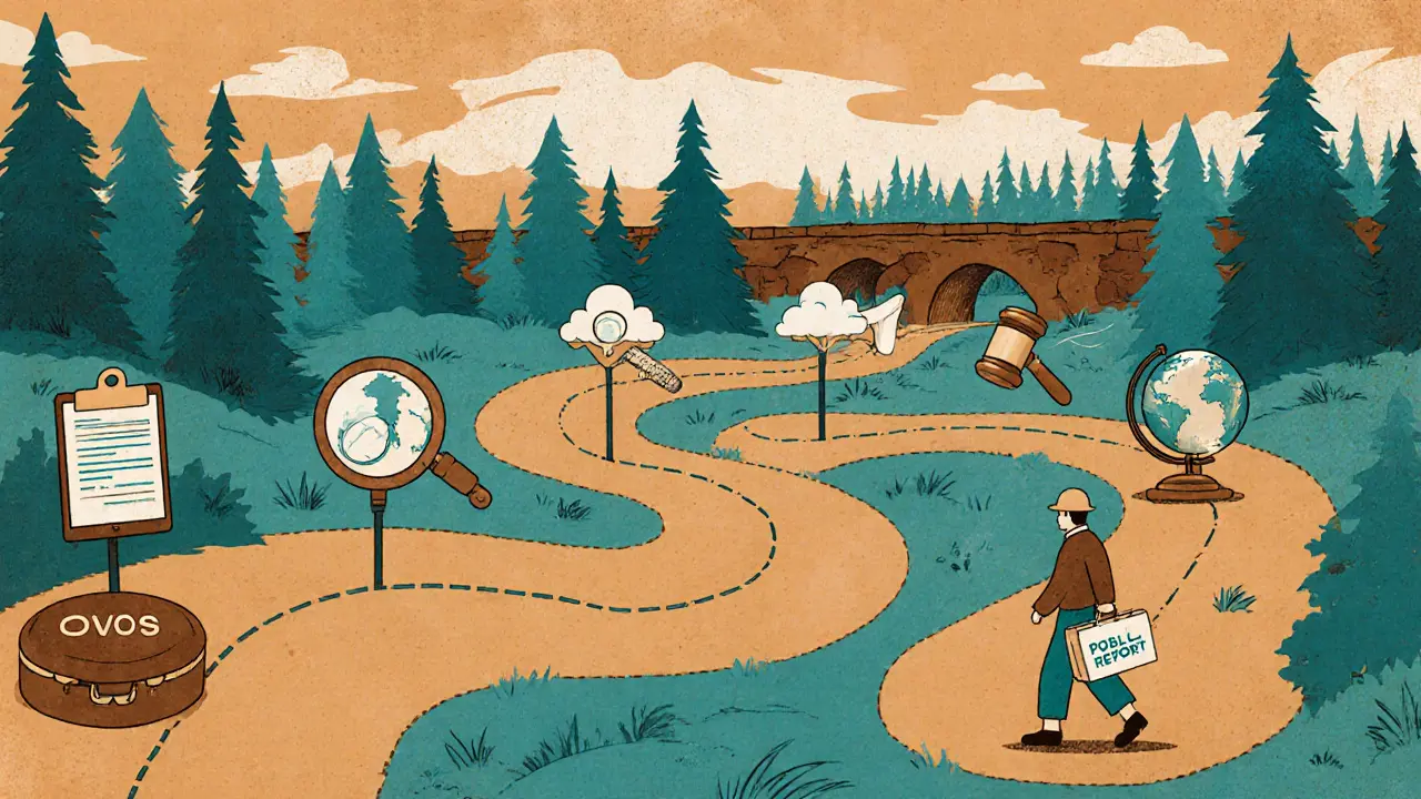 Схема из семи этапов ОВОС как тропа в лесу с символами каждого шага, работник несёт тяжёлый отчёт.