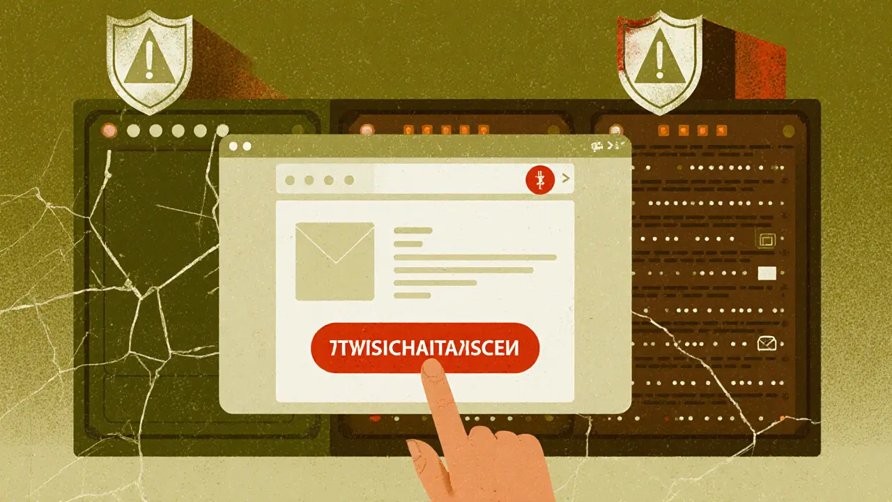 Человек нажимает кнопку &#039;Отписаться&#039; на письме, позади — сервер с предупреждениями и системами защиты.