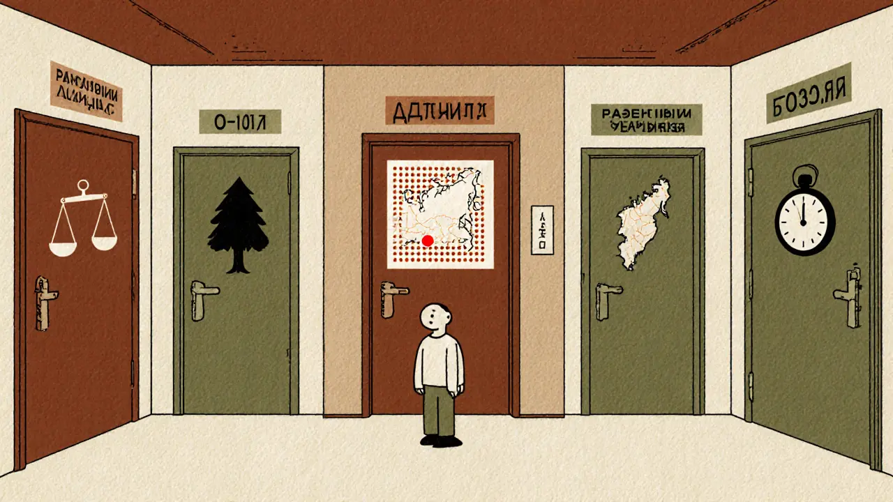 Человек перед лабиринтом бюрократических дверей, одна из которых ведёт к цифровой карте участка.