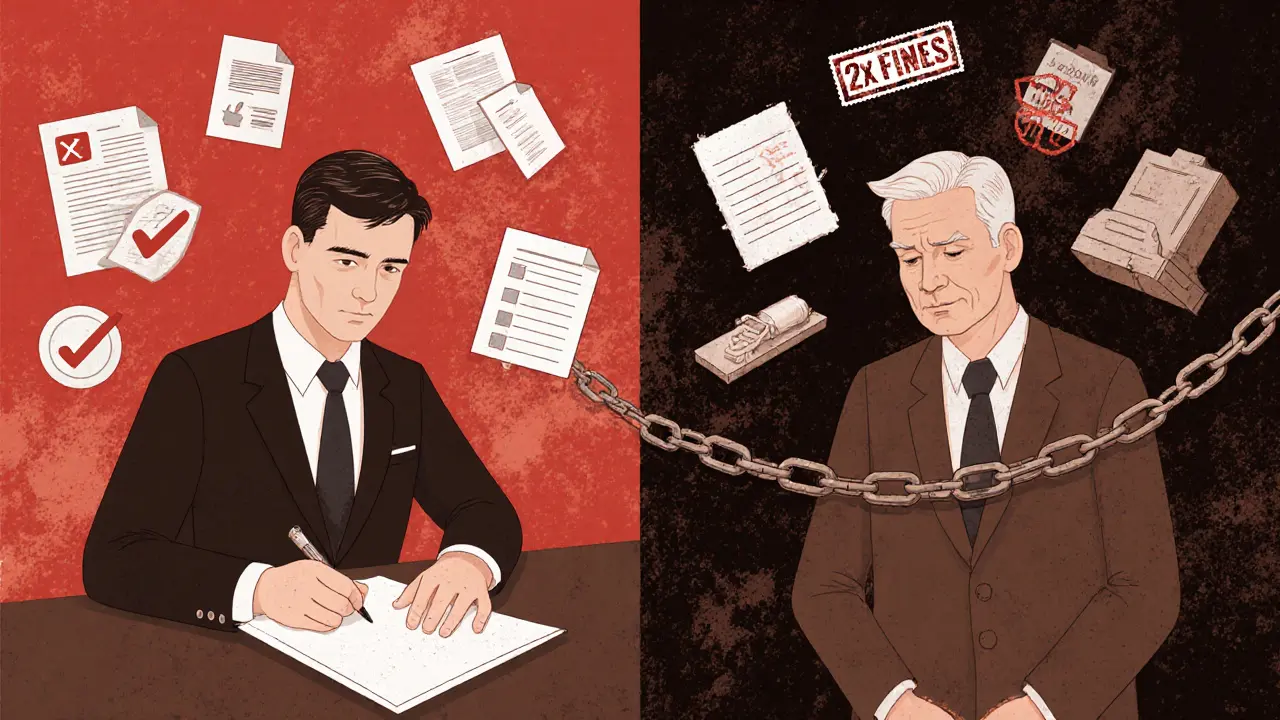 Директор справа — в цепях, слева — защищён документами: аудит, экспертиза, протоколы.