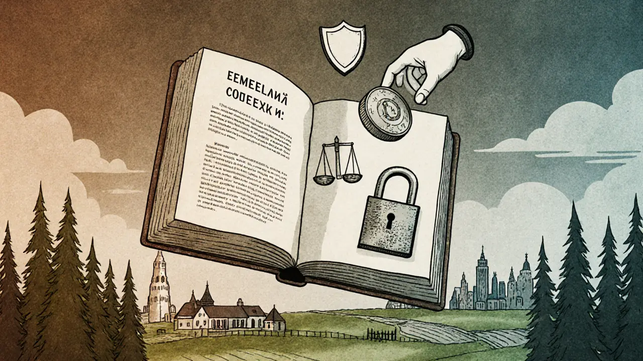 Книга Земельного кодекса превращается в иконки принципов земельного права над российским пейзажем.