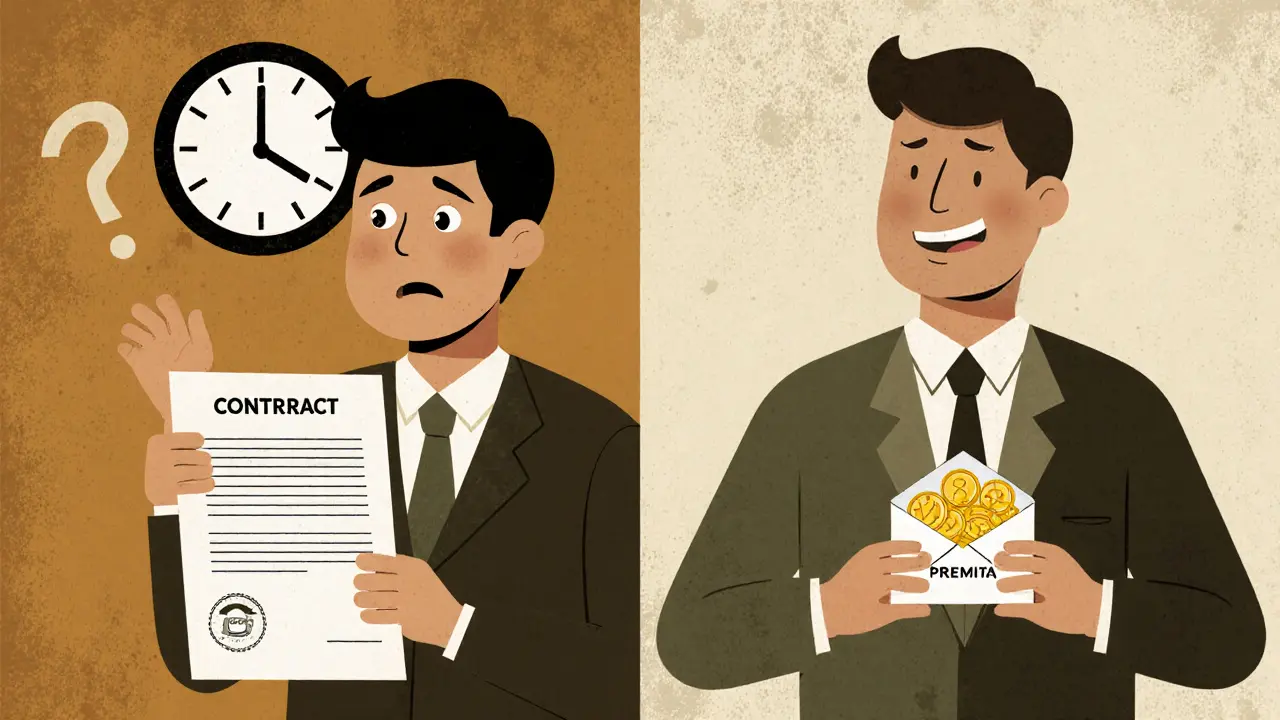 Покупатель с тревогой смотрит на срок опциона, продавец спокоен с премией в конверте.