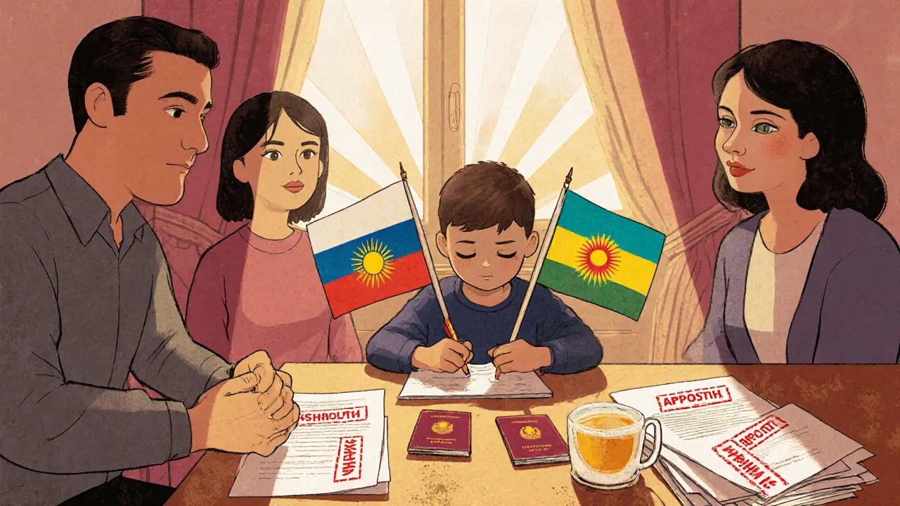 Ребёнок рисует два флага за кухонным столом, родители наблюдают за ним с документами на столе.