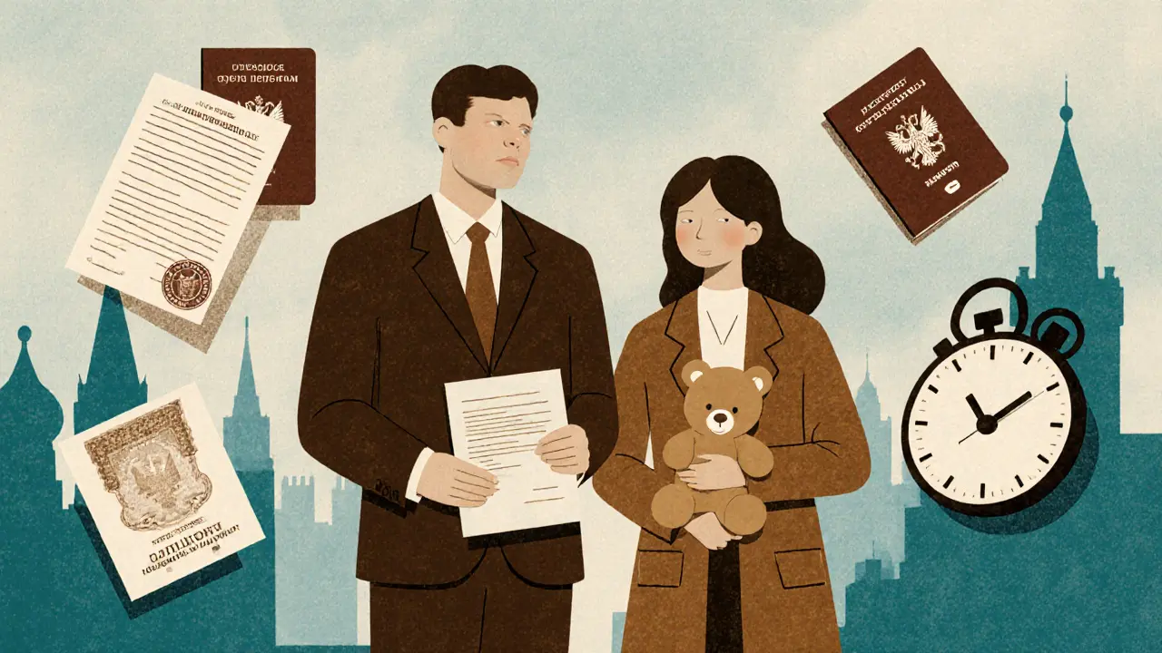 Семья в российском консульстве за границей с документами, паспортами и символами двойного гражданства.