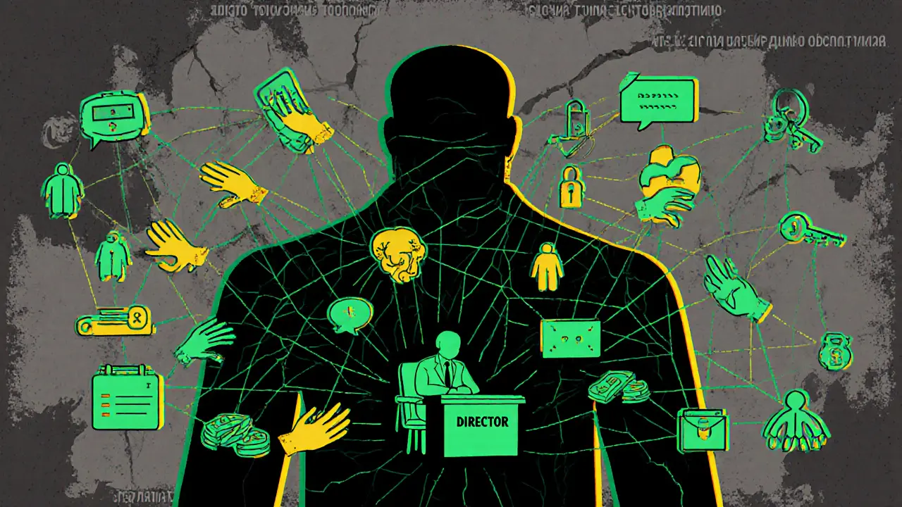 Сетевая преступная организация с цифровыми связями и безликий лидер в стиле рисографии.