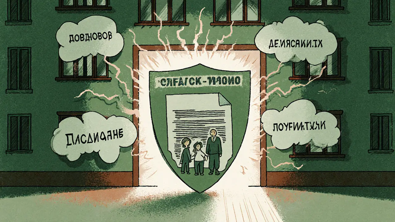 Щит из документов защищает семью от угроз выселения и мошенничества, фон — реестр.