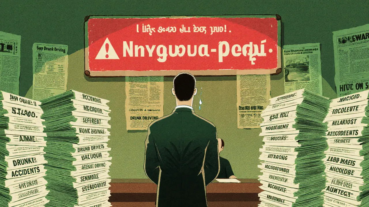 Судебный зал: обвиняемый под гигантской надписью &#039;Уголовная ответственность&#039; среди документов и новостных вырезок.