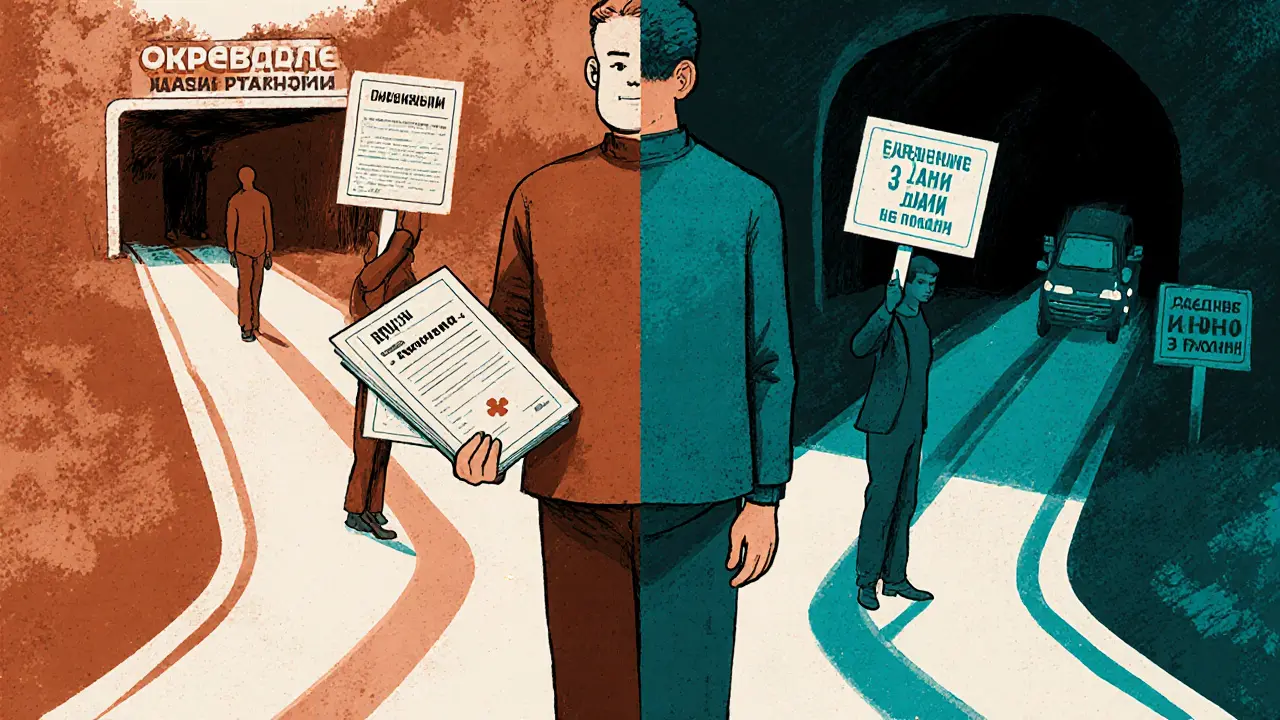 Водитель на перекрестке: один путь — возвращение прав, другой — потеря прав на 3 года, тени других водителей за спиной.