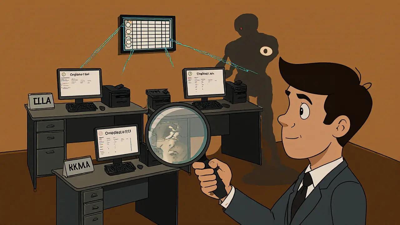 Бизнесмен осматривает три офиса в одном помещении, все используют один компьютер и телефон, ИИ наблюдает.