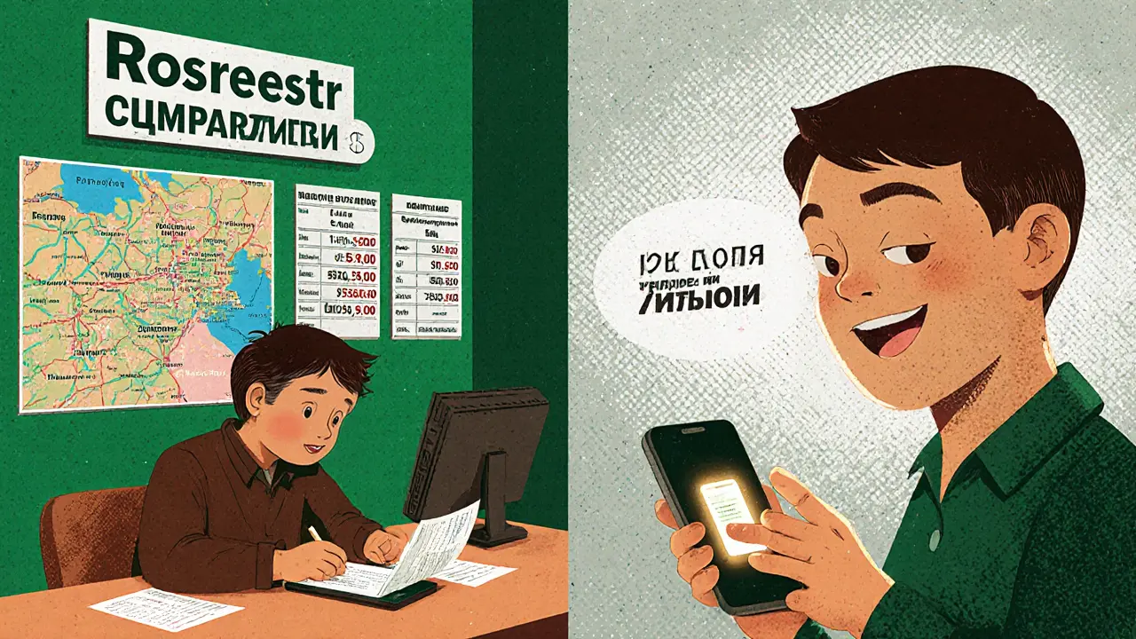 Человек оспаривает оценку земли: слева — жалоба, справа — налог уменьшился, на телефоне приложение 'Налоги'.