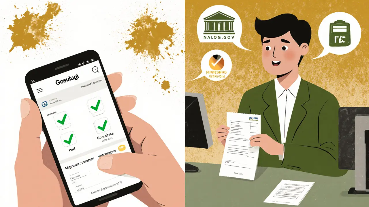 Человек проверяет долги через Госуслуги и получает справку в МФЦ.