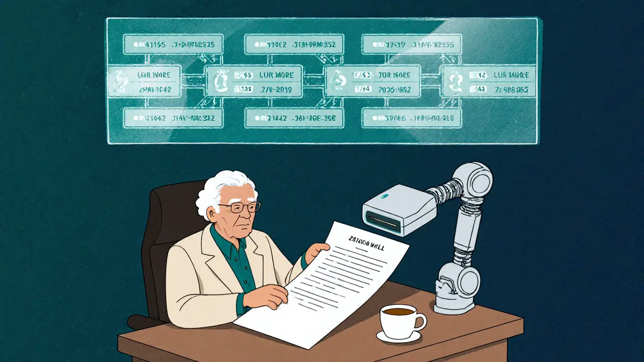 Цифровая блокчейн-цепочка над нотариальной конторой, человек передает завещание в сканер.