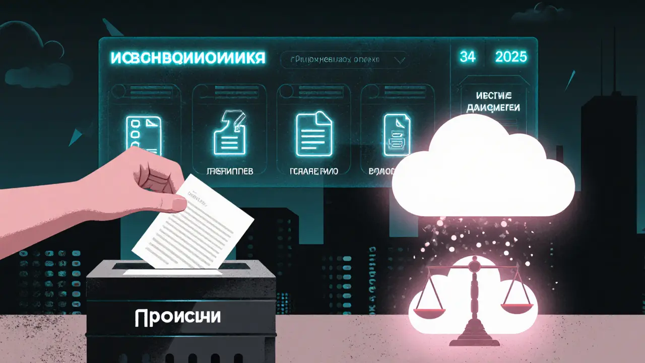 Цифровая панель с электронными отчетами, рука уничтожает бумажные заметки, фон — город и шкалы справедливости.