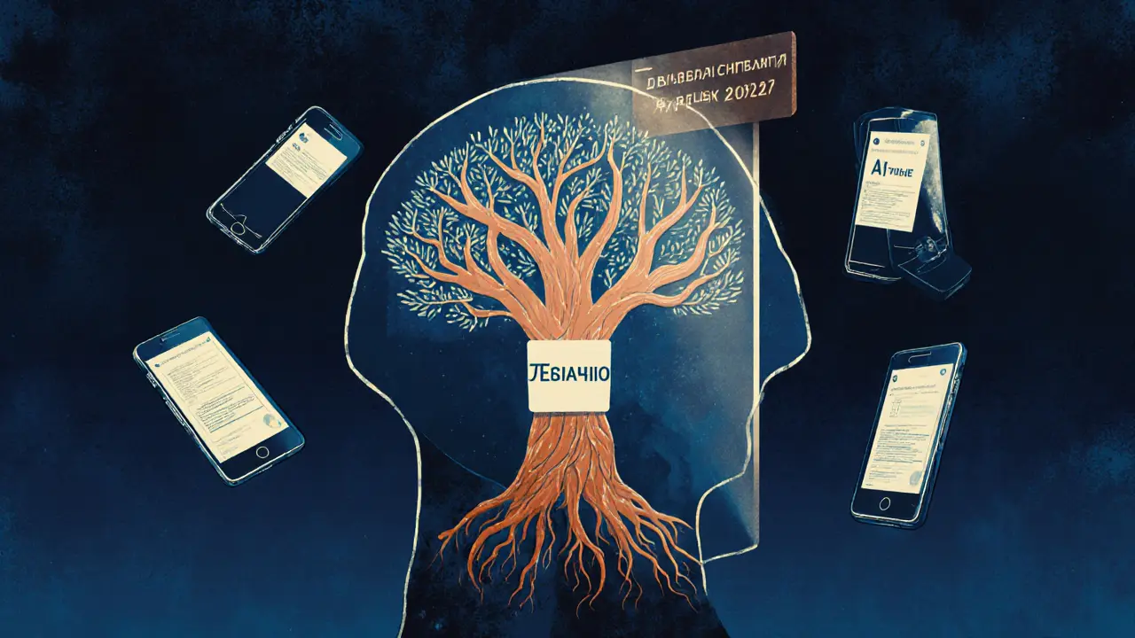 Цифровое дерево долгов растет из головы человека, символизируя единую систему.