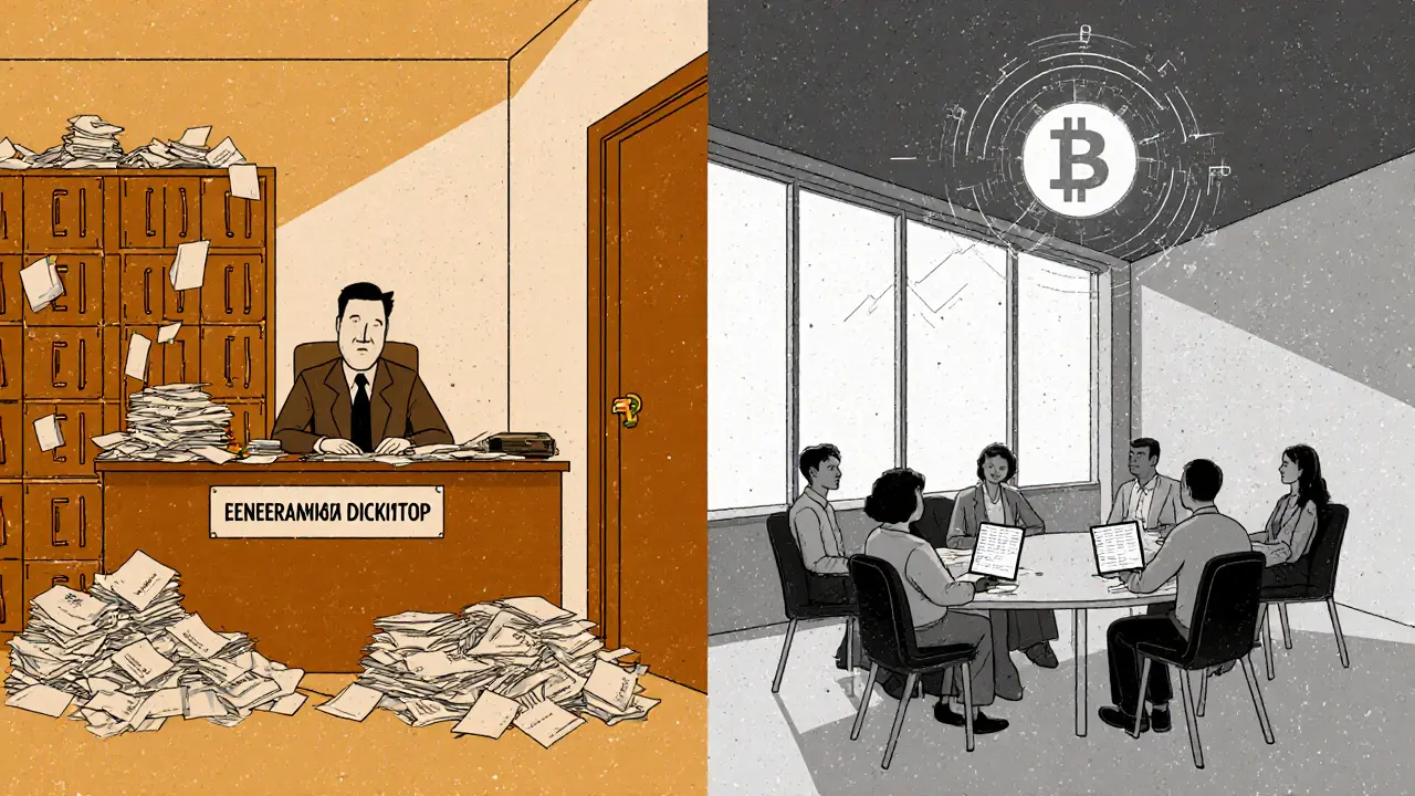 Два сценария: хаотичное управление одним человеком против прозрачного совета директоров с цифровыми отчётами и блокчейном.