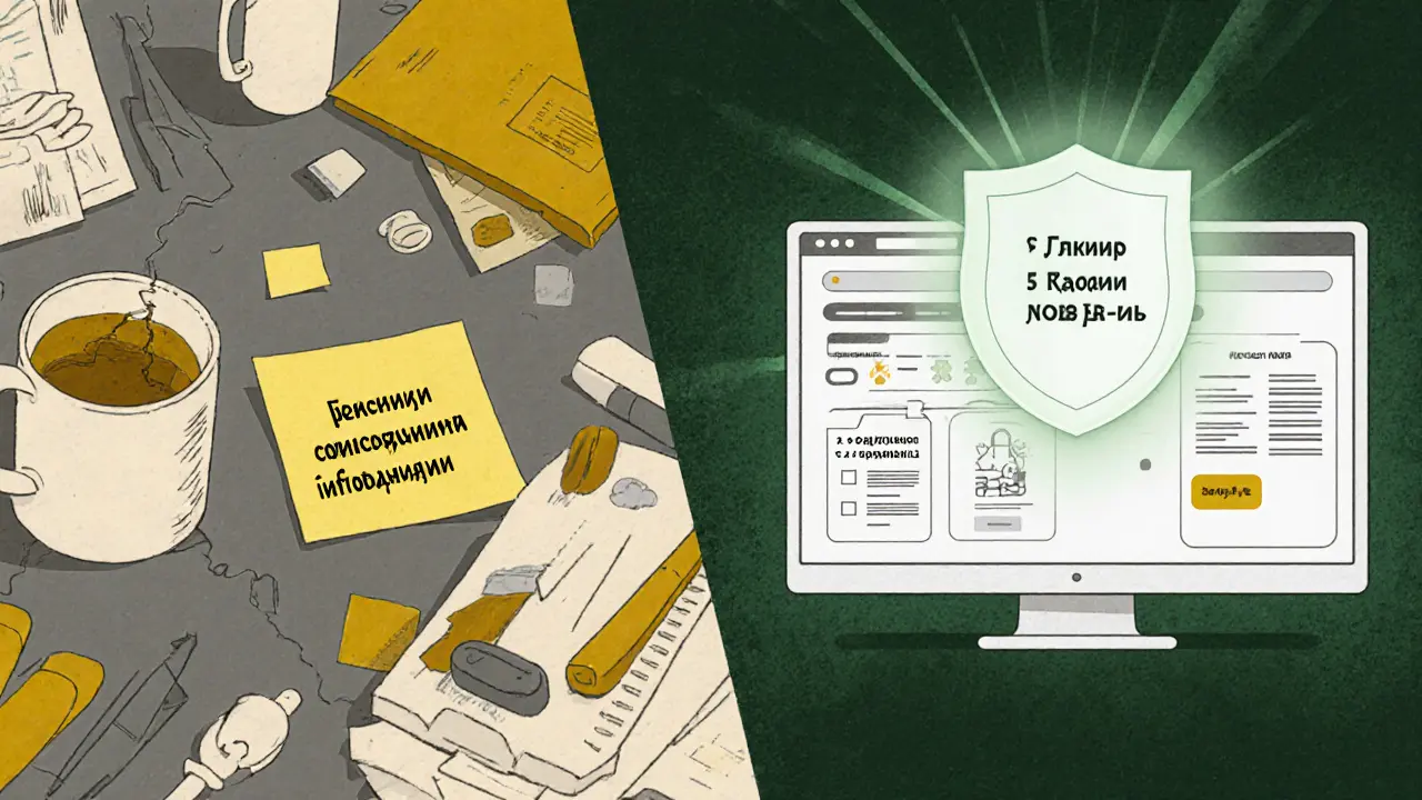 Два стола: один беспорядочный с NDA, другой организованный с шифрованием и логами доступа