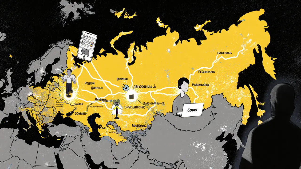 Карта России с онлайн-медиацией в городах и удалённых регионах, противопоставленная тяжеловесной судебной системе.
