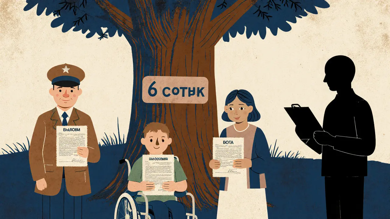 Льготники стоят под деревом, защищающим 6 соток земли от налога, в тени налогового сборщика.