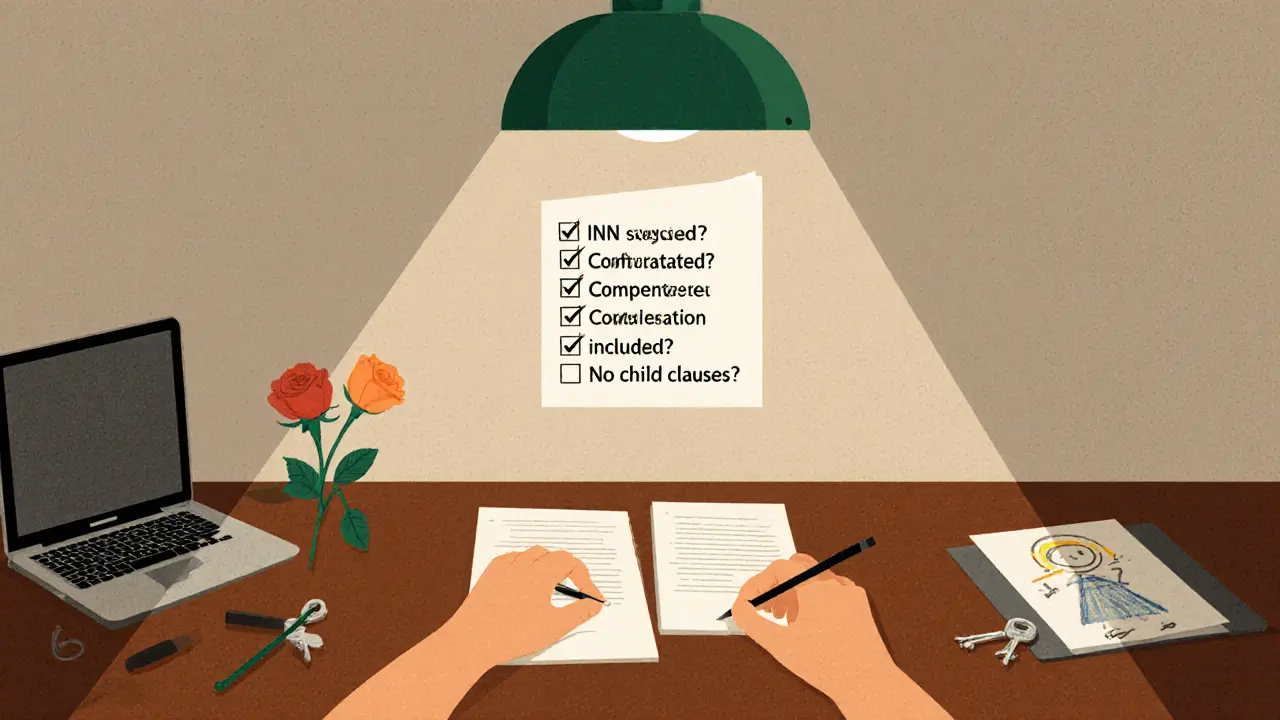 Нотариус удостоверяет брачный договор, над столом — контрольный список требований к юридической силе договора.