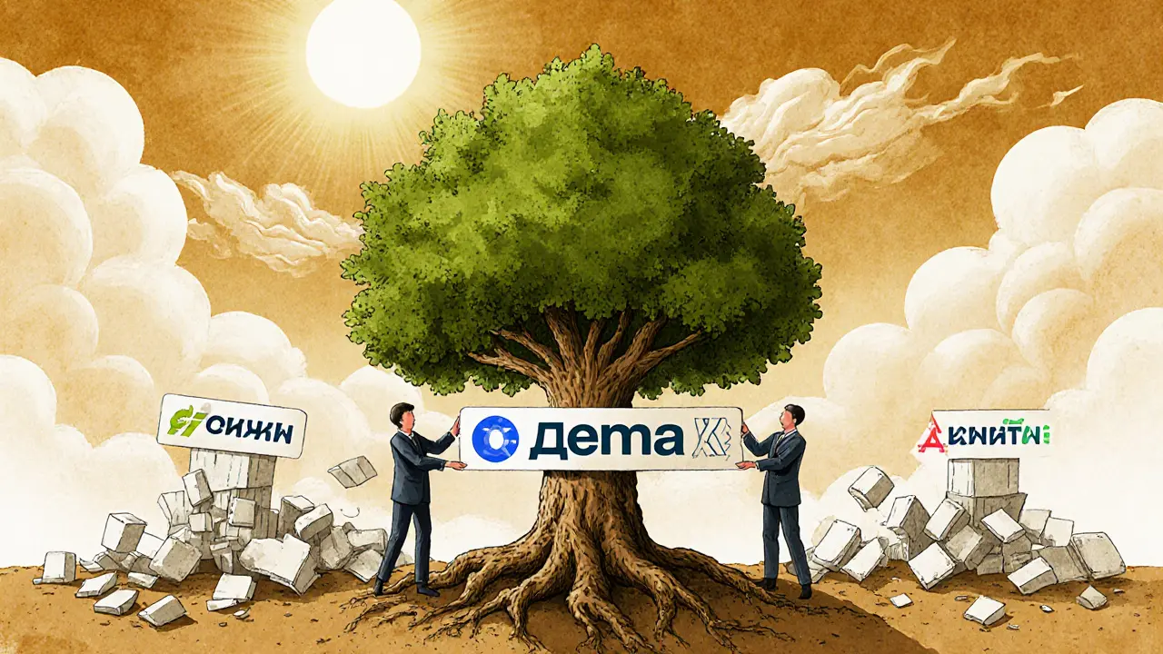 Один бизнес объединён в дерево с корнями, схемы разрушаются, свет проникает сквозь облака.