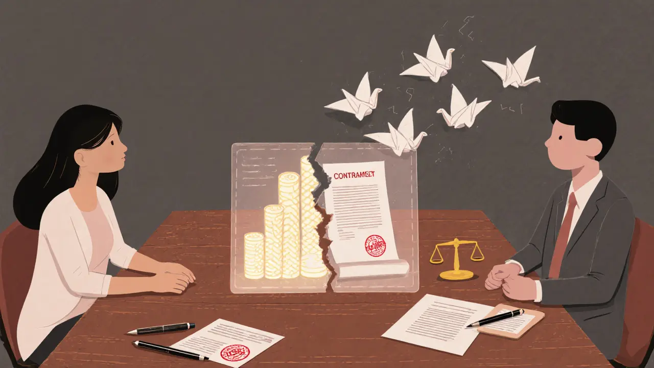 Пара за столом, делящая бизнес-модель, превращающуюся в бумажных журавлей — символ мирного разрешения.