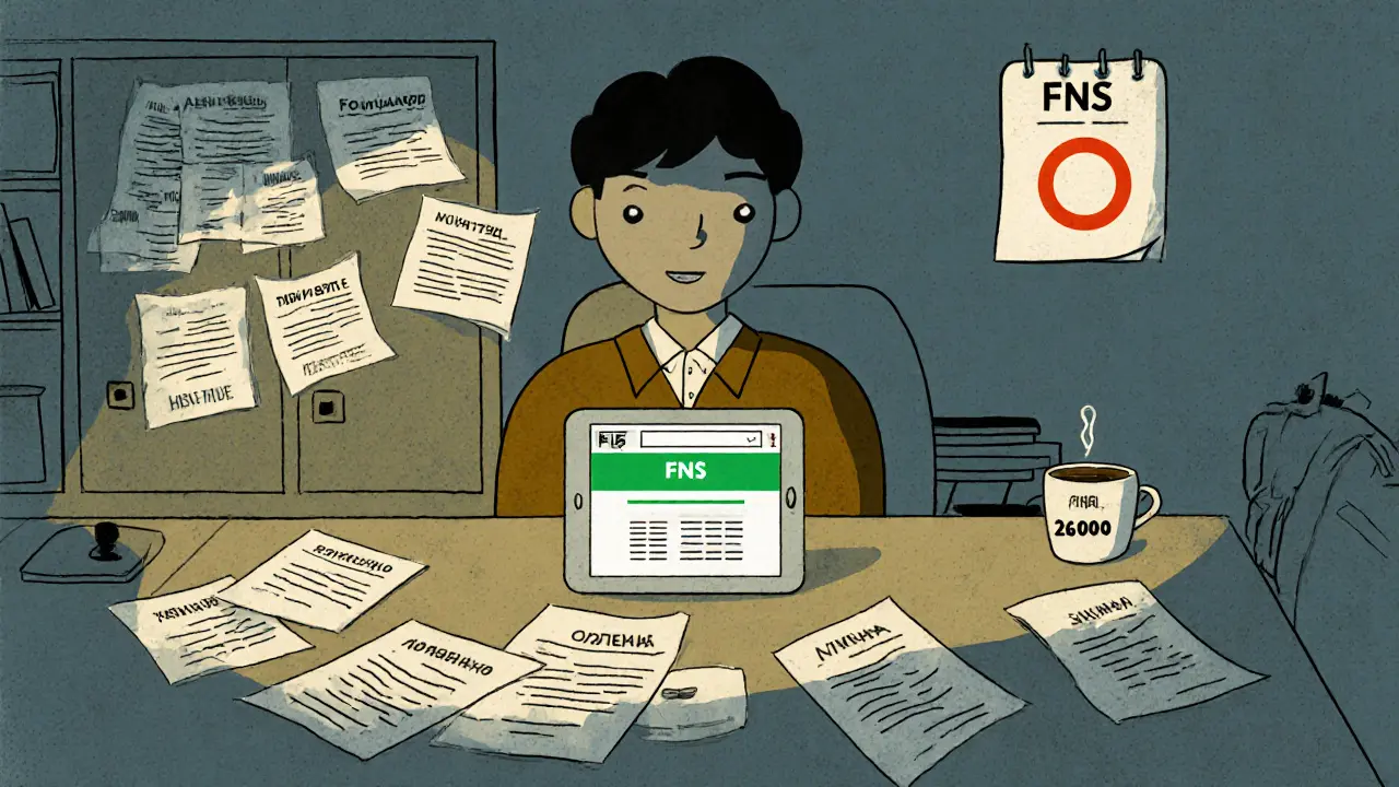 Рабочий подает декларацию через планшет, вокруг него документы на лечение и ипотеку.