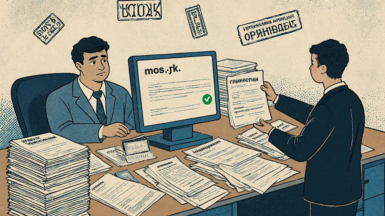 Рабочий стол с документами и экраном mos.ru — житель подаёт бумаги, чиновник смотрит в монитор.