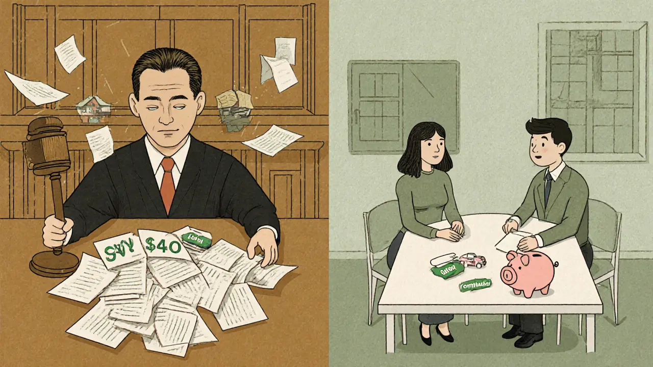 Раздел имущества: слева — хаос суда, справа — спокойный обмен активами на кухне.