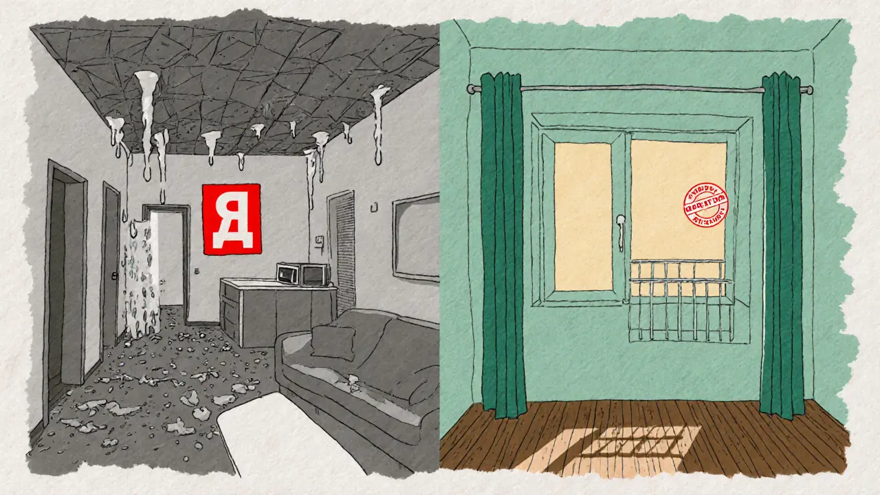 Разделённая сцена: слева — разрушенная квартира, справа — легализованная перепланировка с печатью Росреестра.