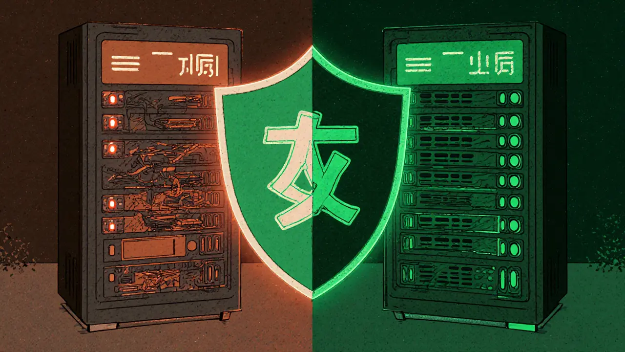 Разделённая сцена: заблокированные данные слева, удалённые — справа, с текстовыми метками и цветовыми индикаторами.