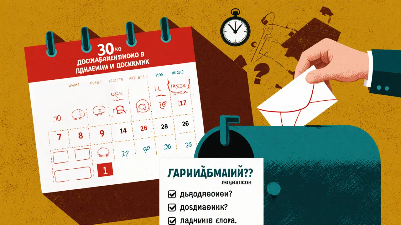 Рука бросает заявление в почтовый ящик с надписью &#039;Арбитражный суд&#039;, рядом календарь с красными днями.