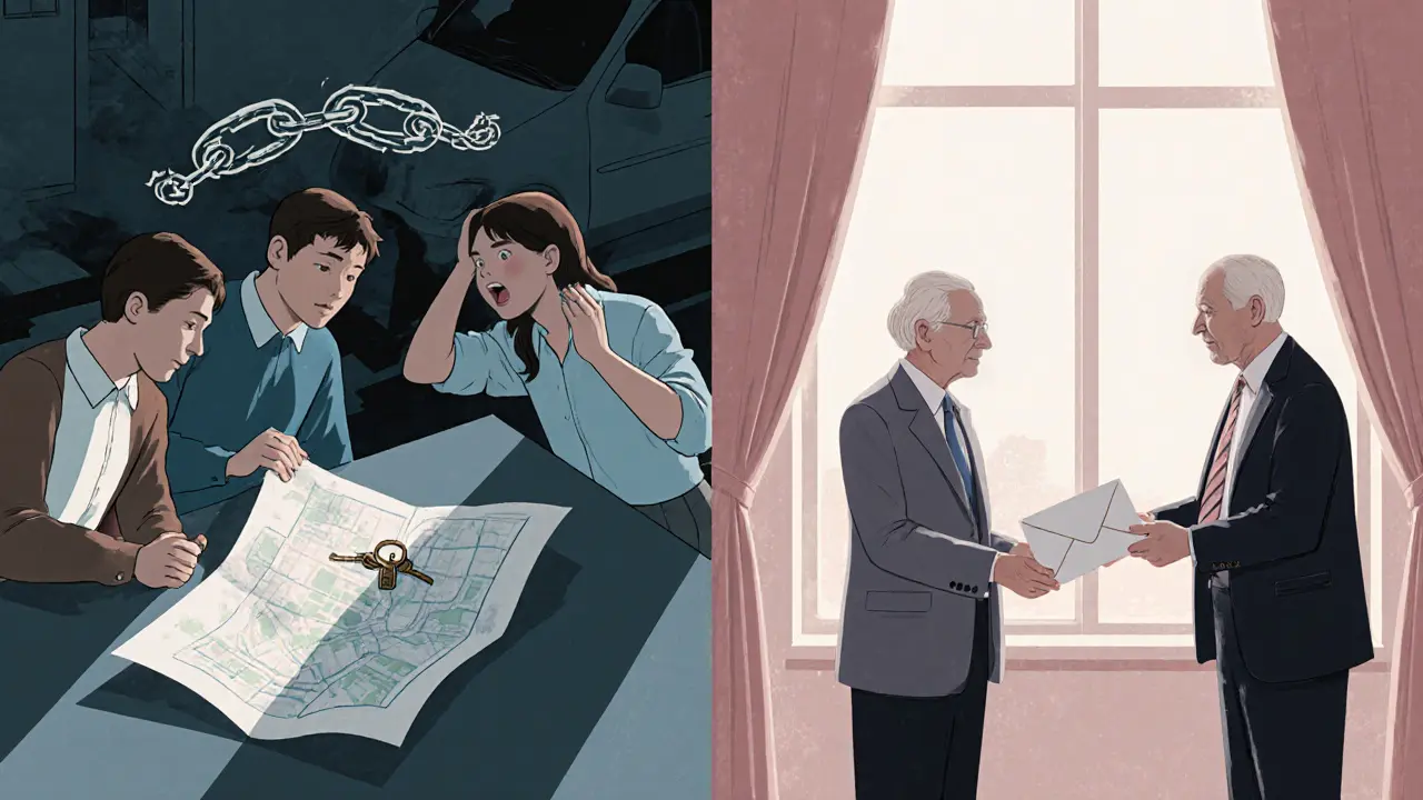 Семья спорит слева, а человек передаёт завещание нотариусу справа.